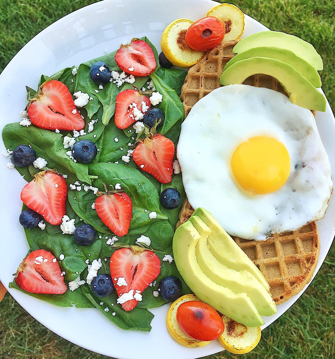 Savory Waffles with Egg, Avocado, and Berry Salad
