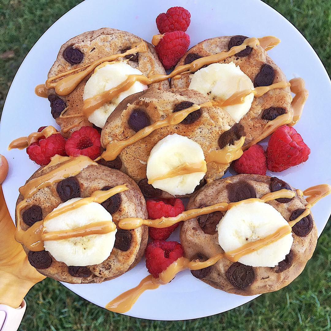 Chocolate Chip Pancakes with Peanut Butter Topping