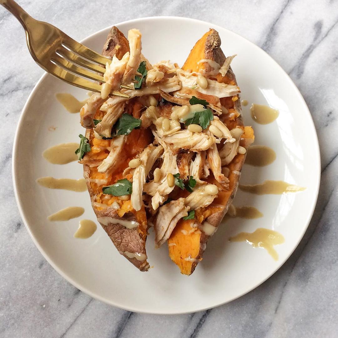 Tahini Pine Nut Chicken with Sweet Potatoes