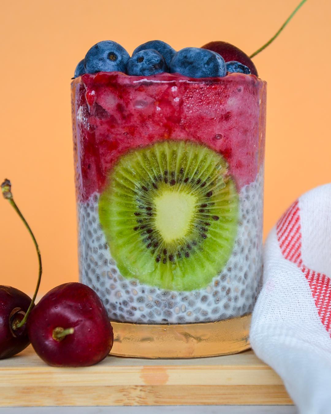 Chia Pudding Topped with Berry Smoothie and Fruits