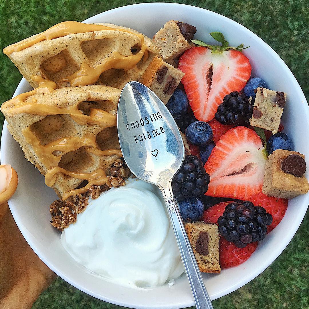 Protein Packed Bowl with Waffle and Banana Bread