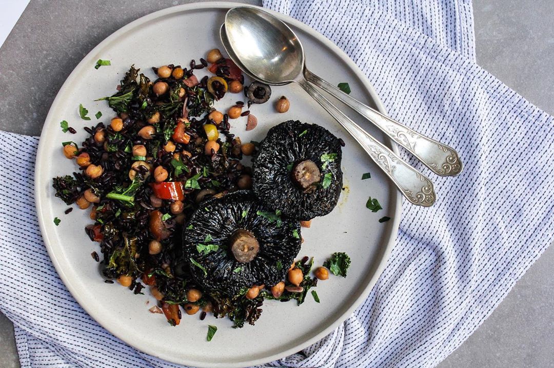 Balsamic Portobello Mushrooms with Black Rice and Chickpeas