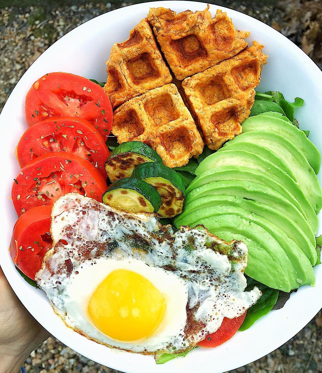 Sweet Potato Waffles with Fried Egg and Veggies
