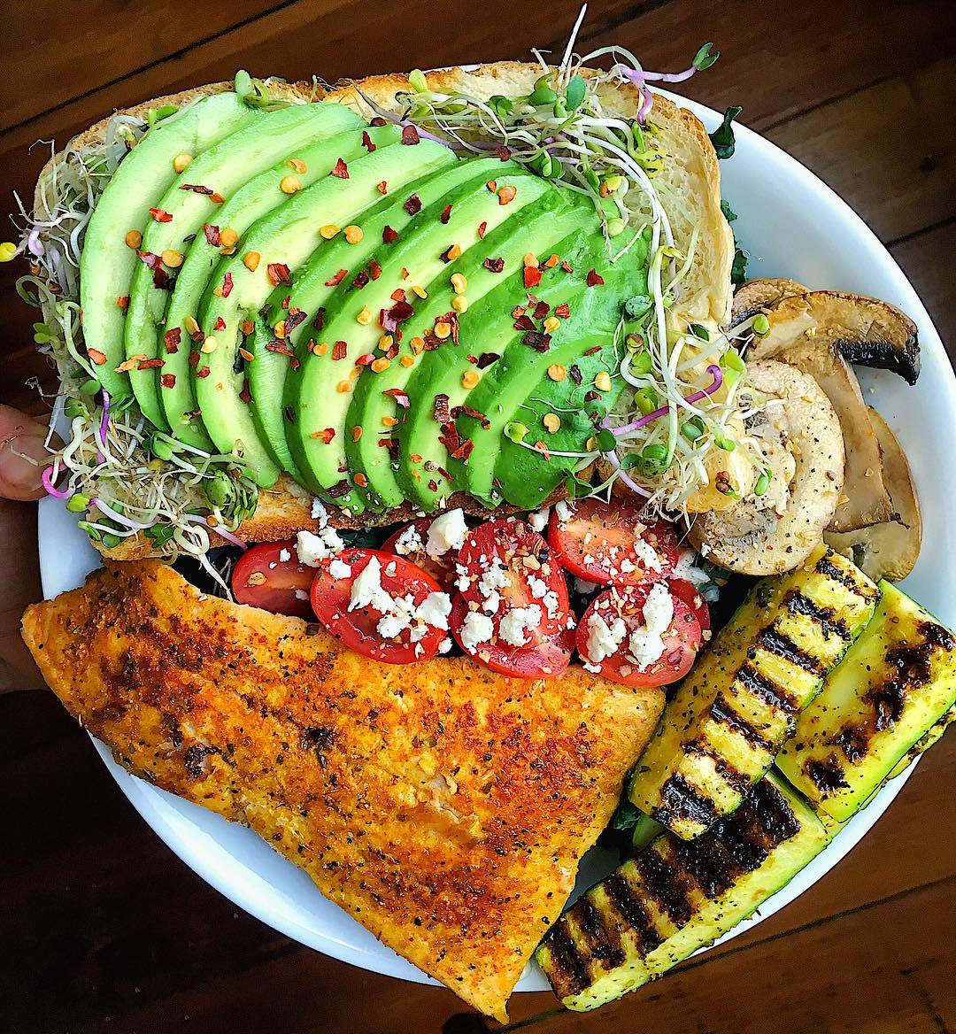 Salmon and Avocado Toast with Sautéed Vegetables