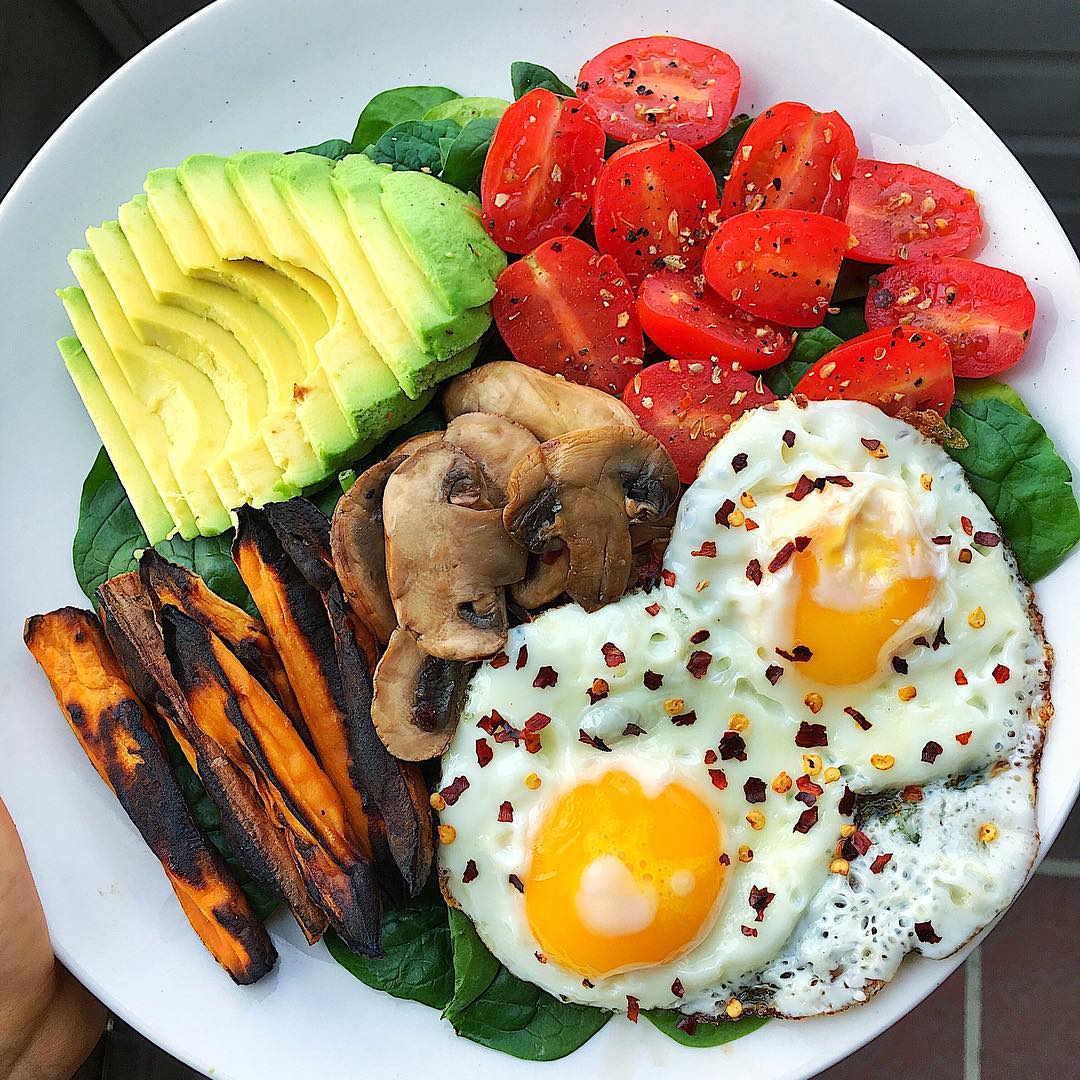 Fried Eggs with Veggies and Sweet Potato Fries