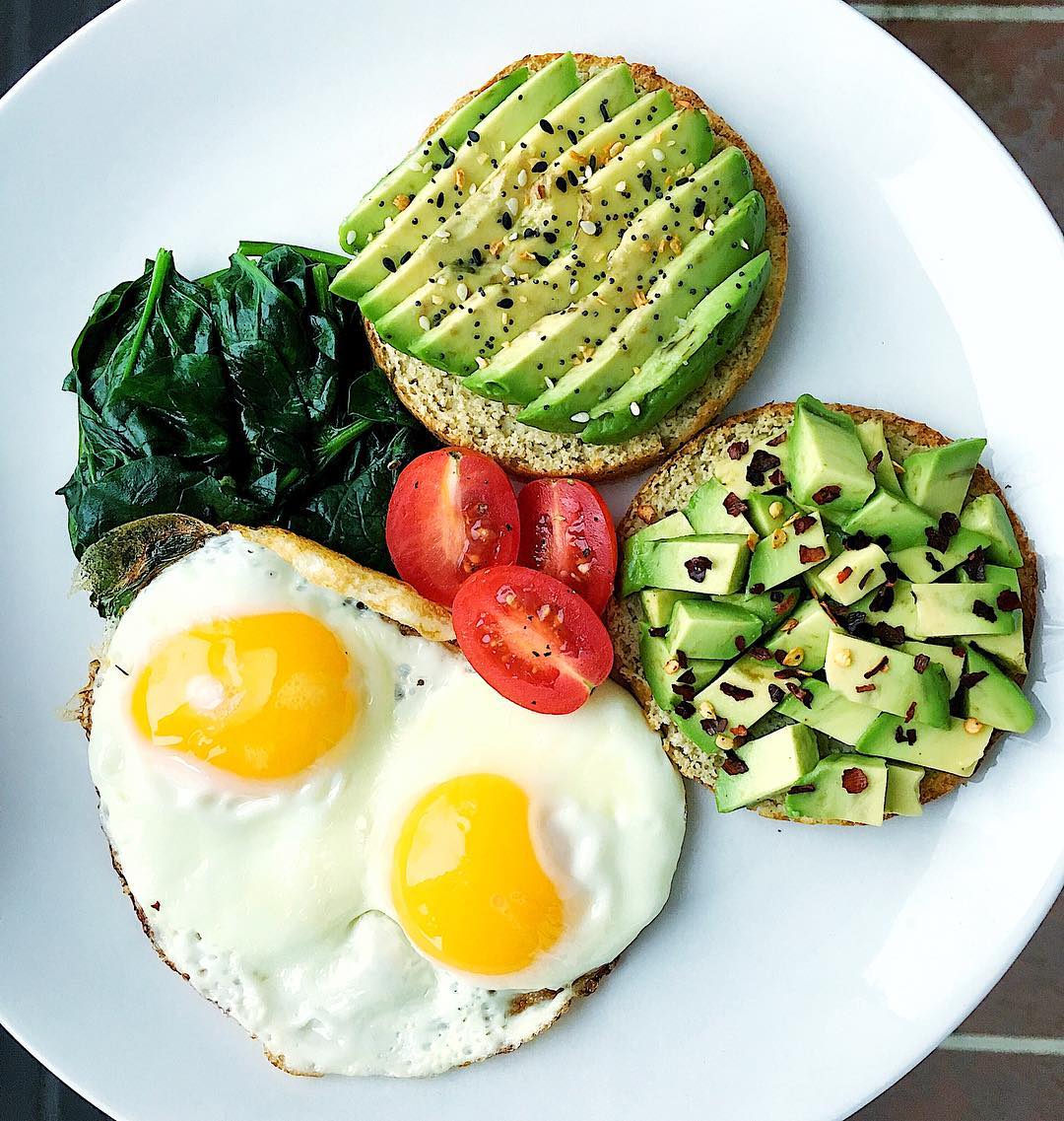 Fried Eggs and Avocado Toast with Sautéed Spinach