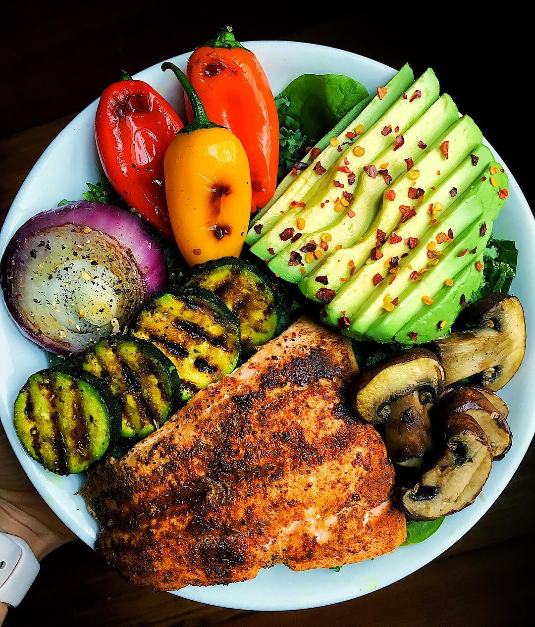 Spicy Salmon Lunch Bowl with Peppers and Avocado