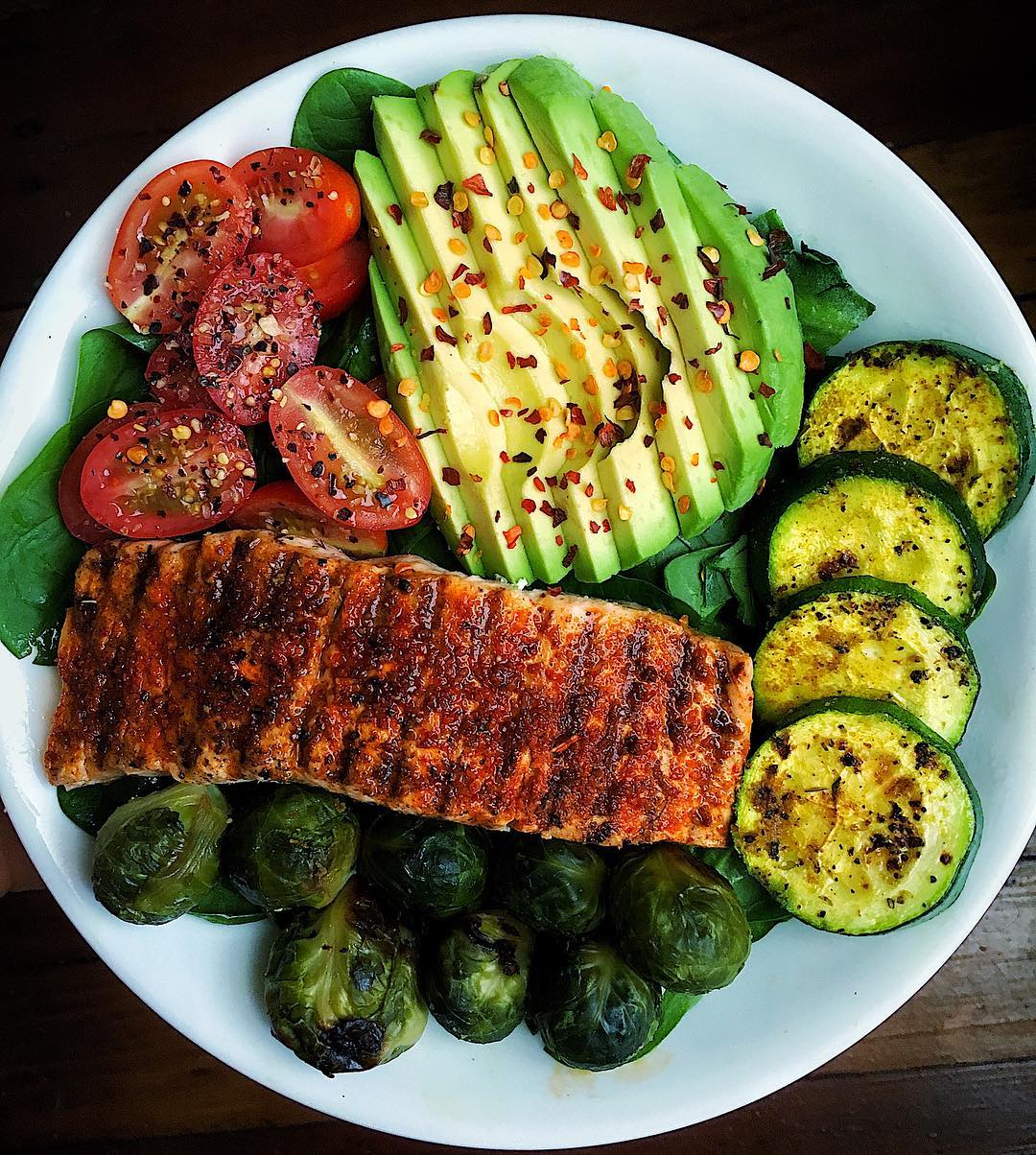Grilled Salmon with Sautéed Zucchini and Roasted Brussels