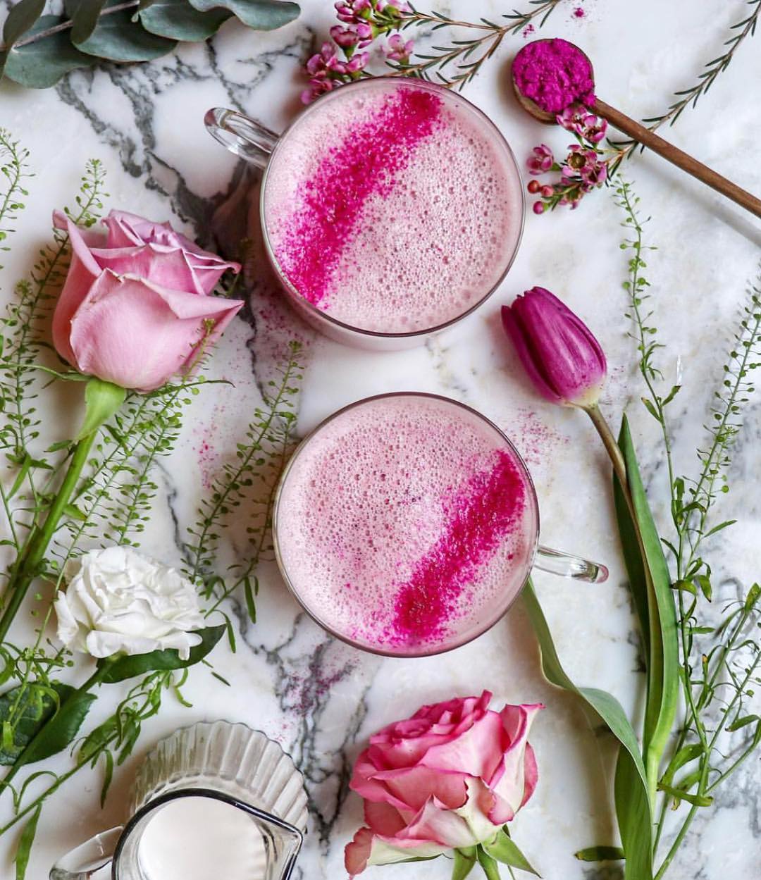 Pink Pitaya Latte with Maple Syrup and Froth