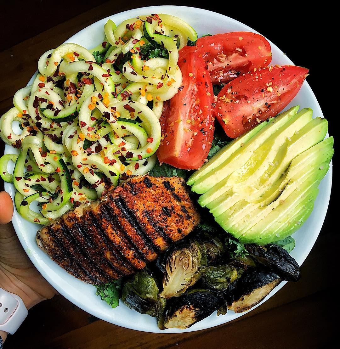 Salmon with Sautéed Zoodles and Roasted Brussels