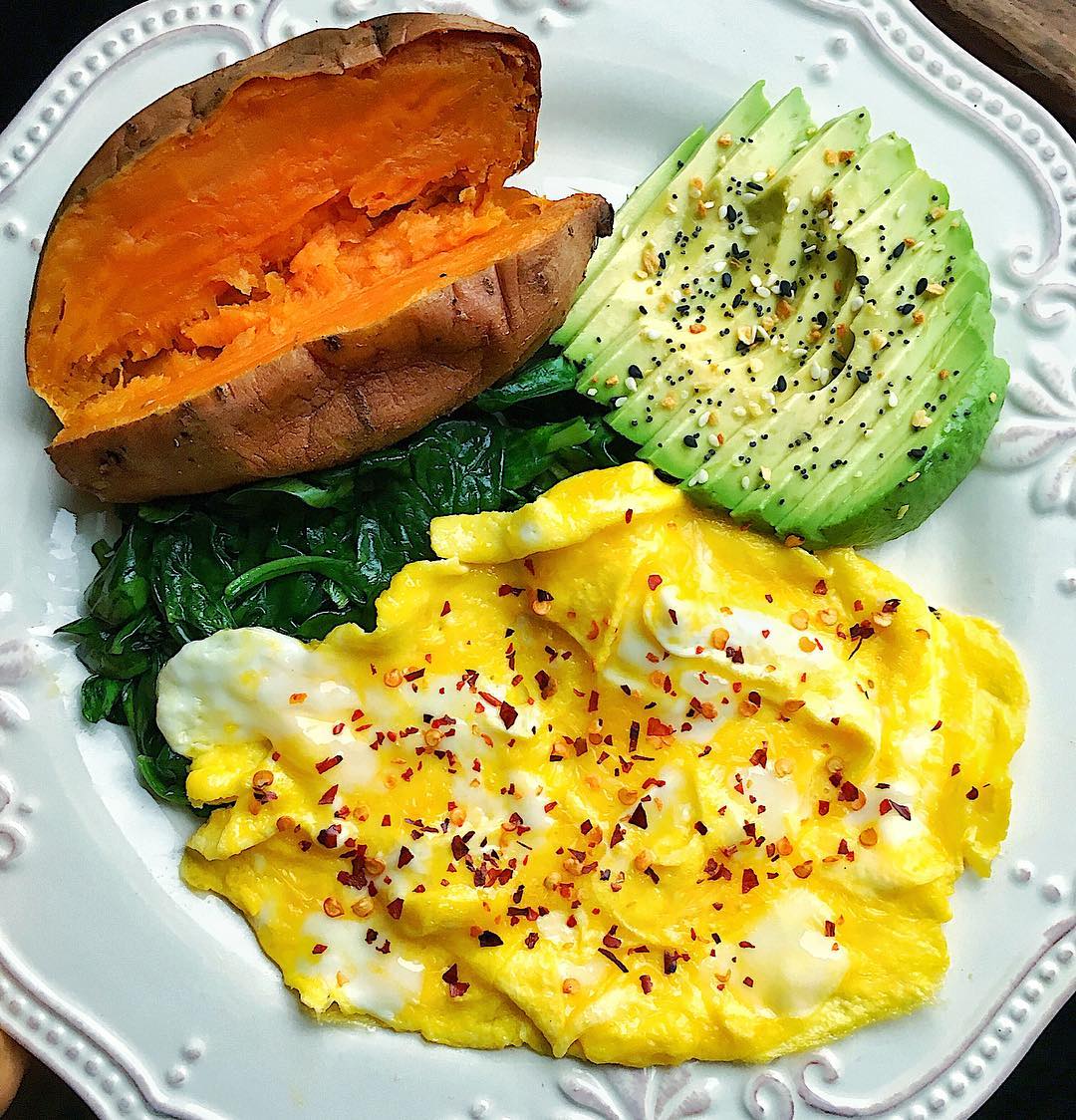 Scrambled Eggs, Avocado, and Sweet Potato Breakfast