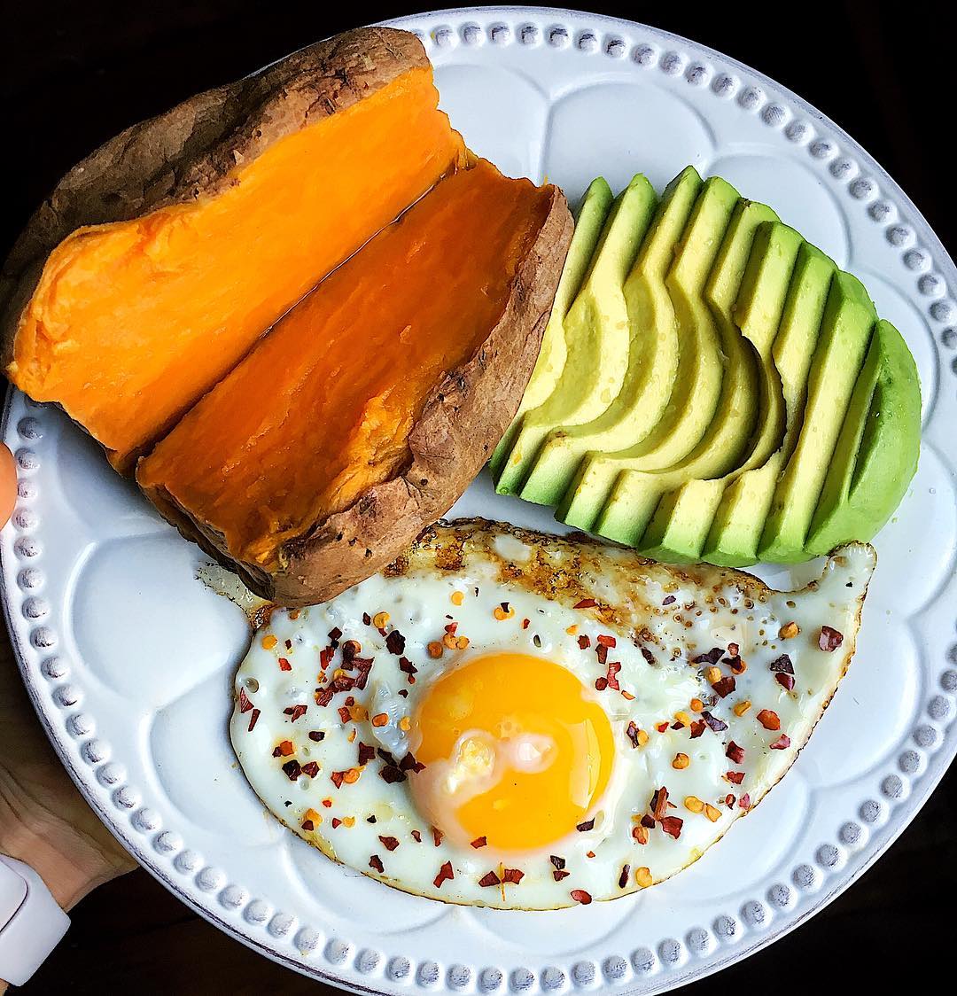 Simple Breakfast with Egg, Sweet Potato, and Avocado