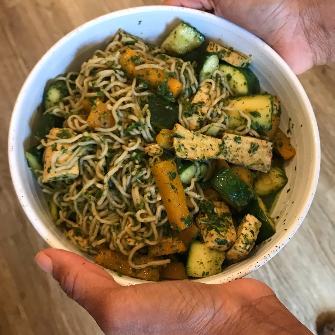 Zucchini and Tofu Noodles with Coriander Pesto