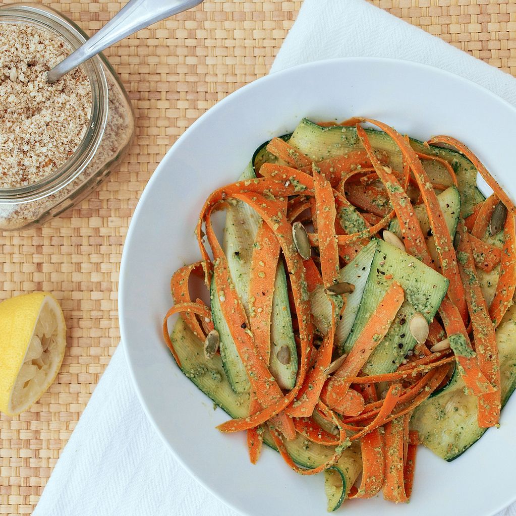 Spicy Raw Pesto with Carrot Zucchini Ribbons