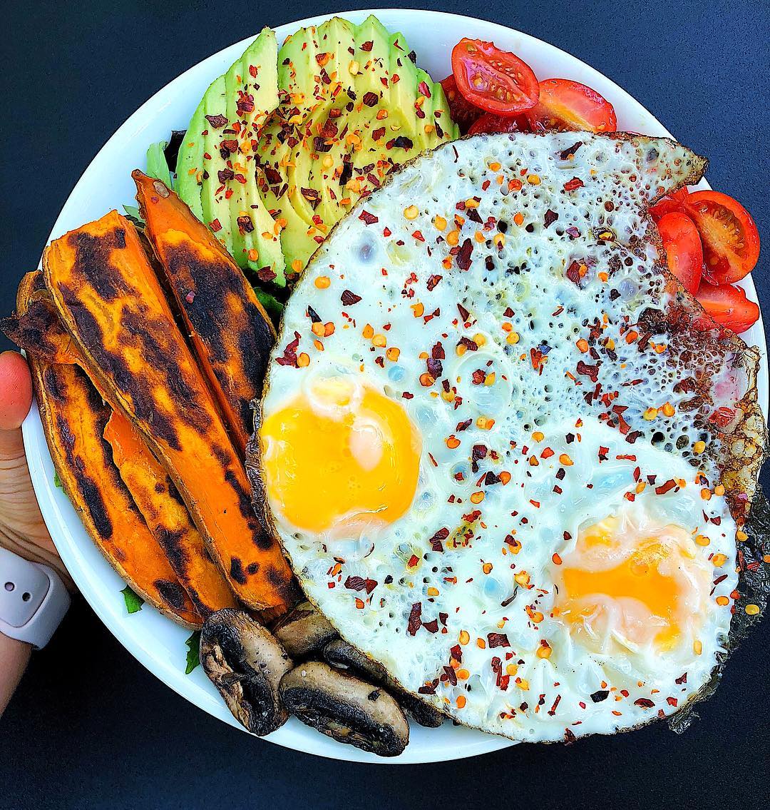 Fried Eggs with Avocado and Sweet Potato Fries