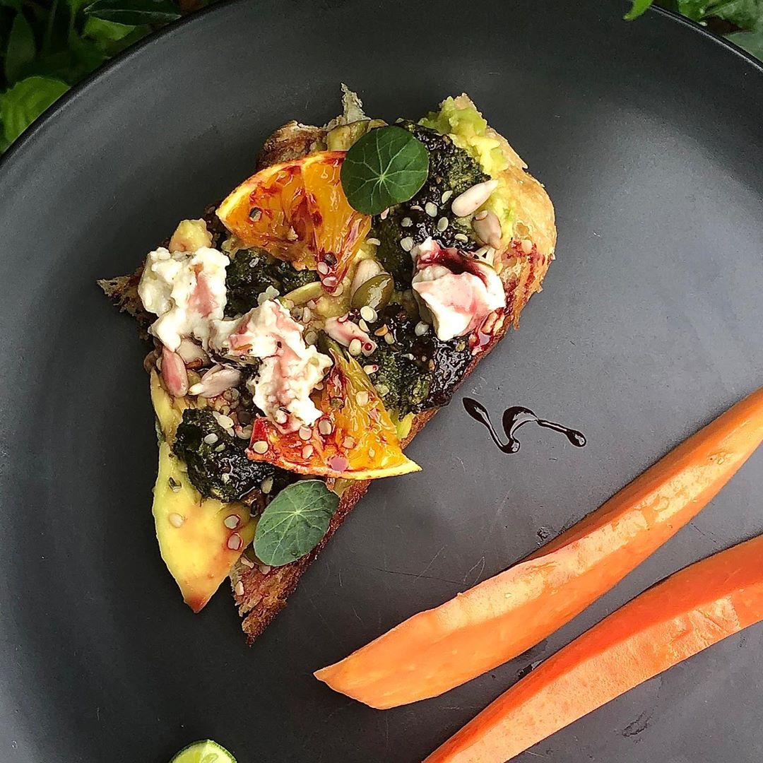 Pickled Avocado Toast with Pesto and Fruit