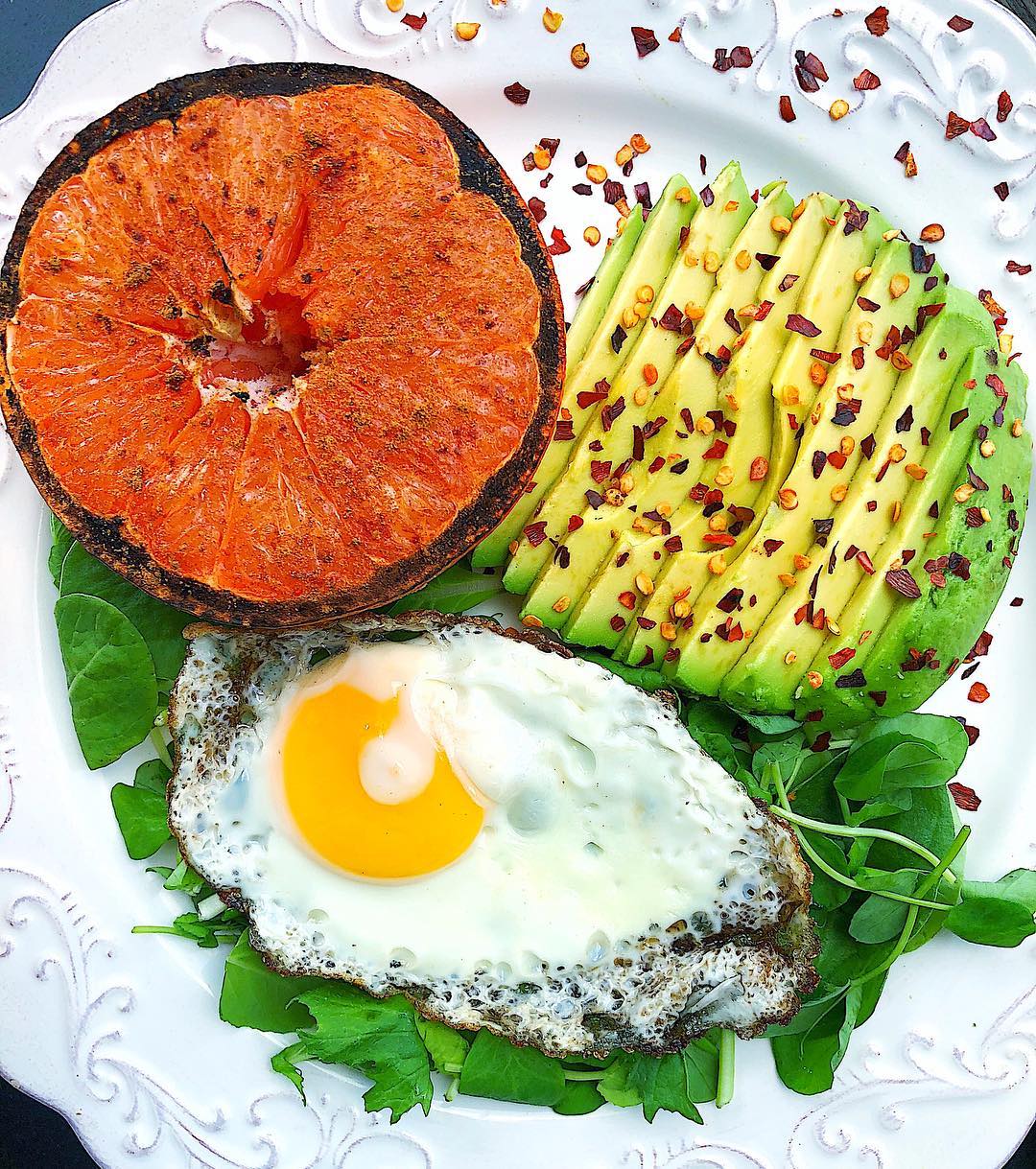 Broiled Grapefruit with Fried Egg and Avocado Greens
