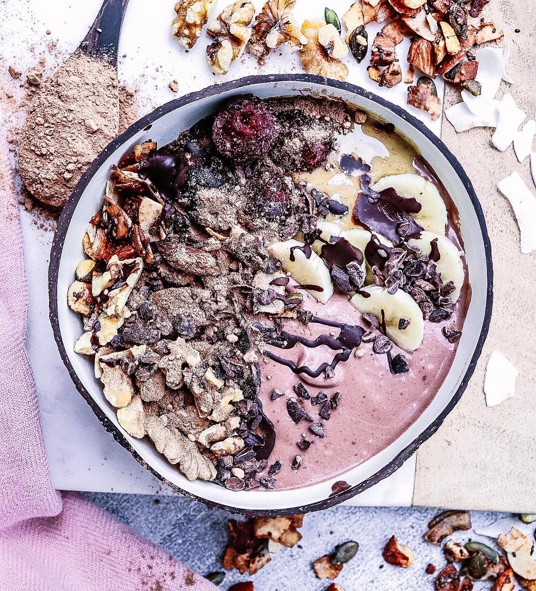Cherry Walnut and Chocolate Smoothie and Granola Bowl