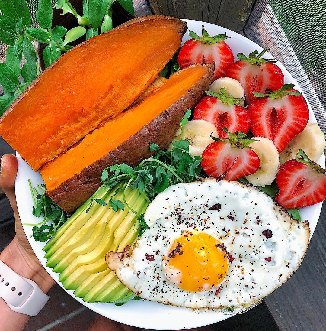 Sweet Potato Breakfast Bowl with Fried Egg and Fruit