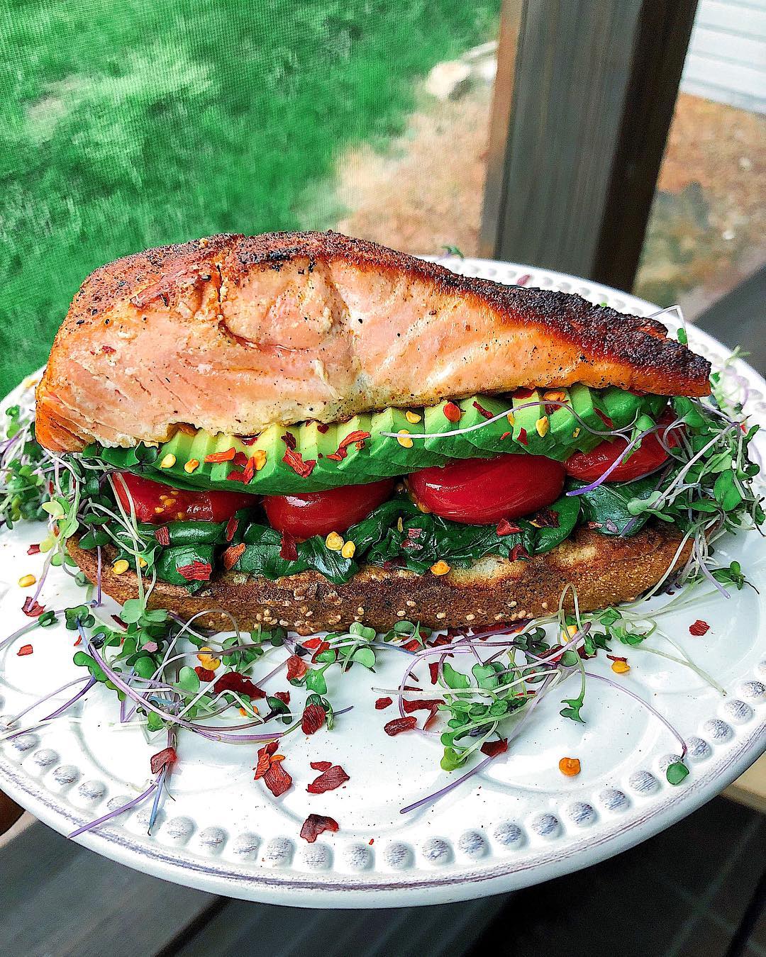 Open Faced Salmon Sandwich with Spinach and Avocado