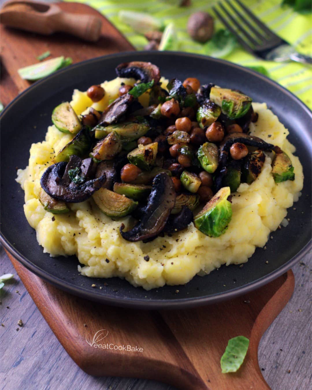 Mashed Potatoes with Roasted Mushrooms, Chickpeas, and Brussels Sprouts