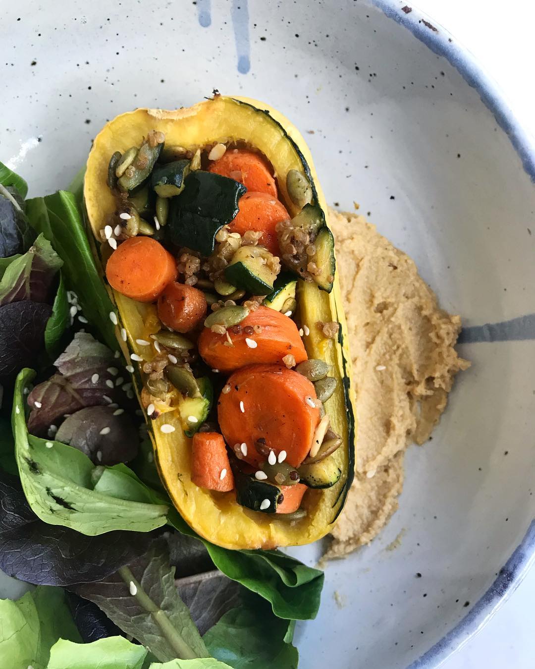 Quinoa and Veggie Stuffed Delicata with Cashew Sauce