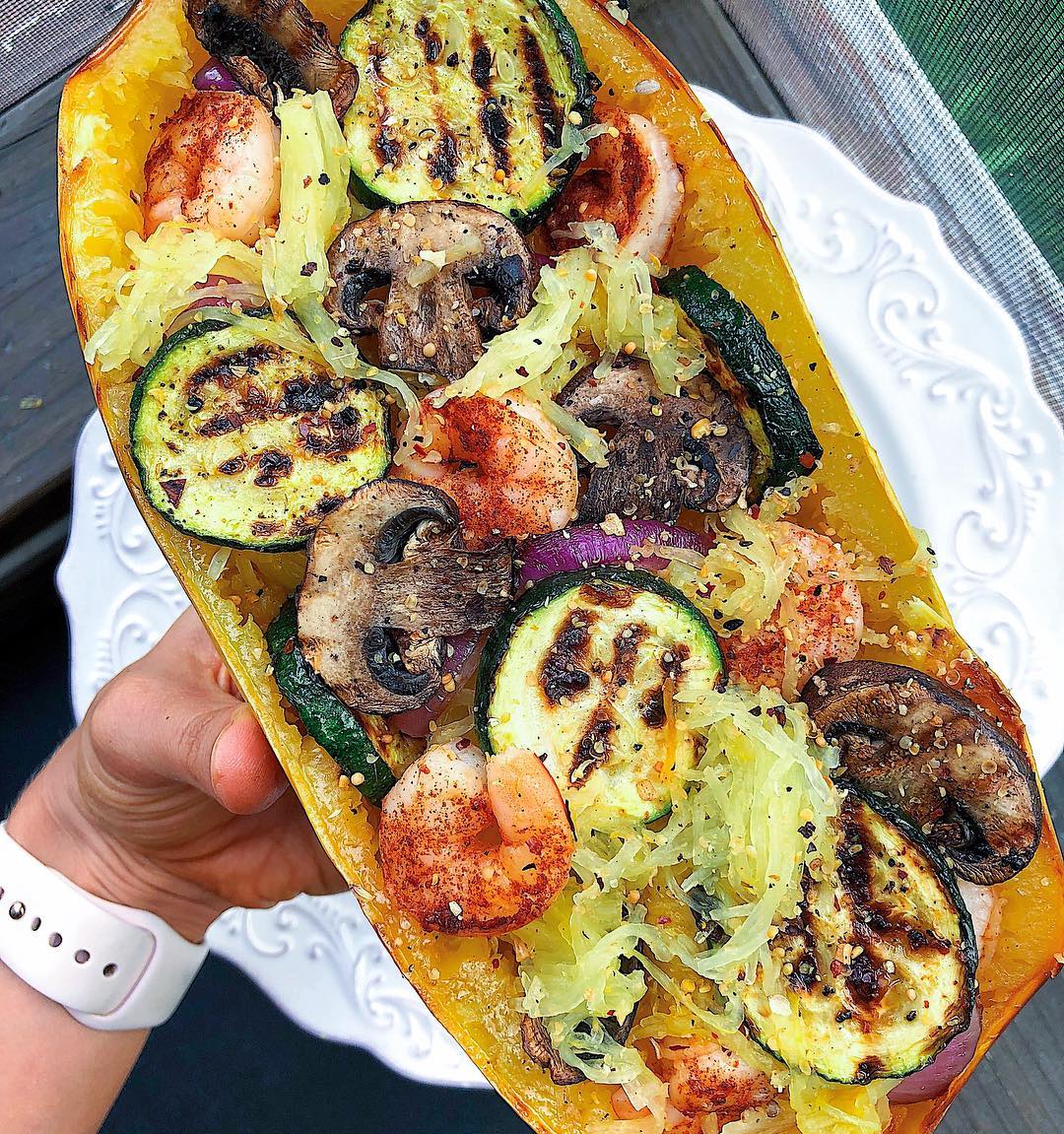 Baked Spaghetti Squash Bowls with Shrimp and Veggies