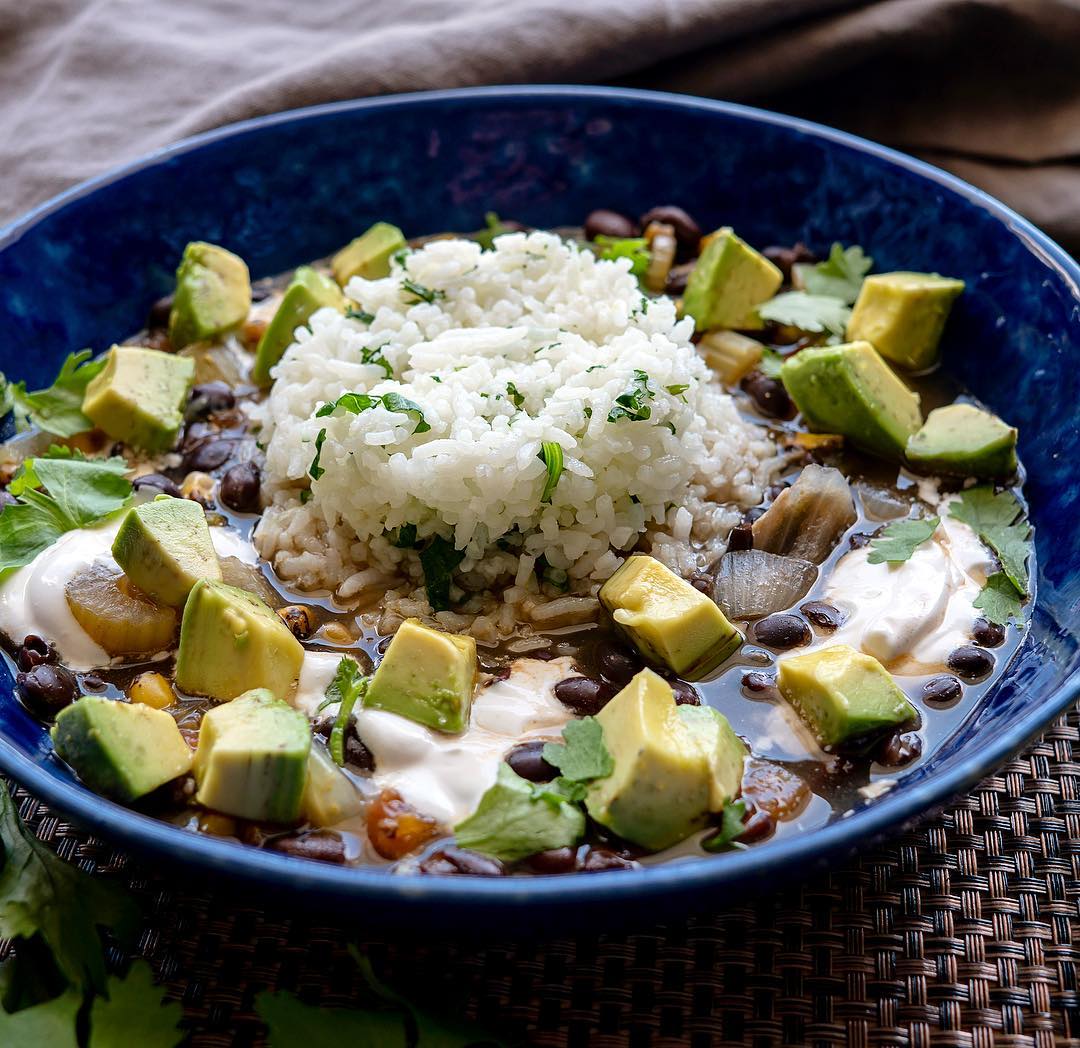 Black Bean Soup with Roasted Corn, Cilantro Rice, Avocado, and Sour Cream
