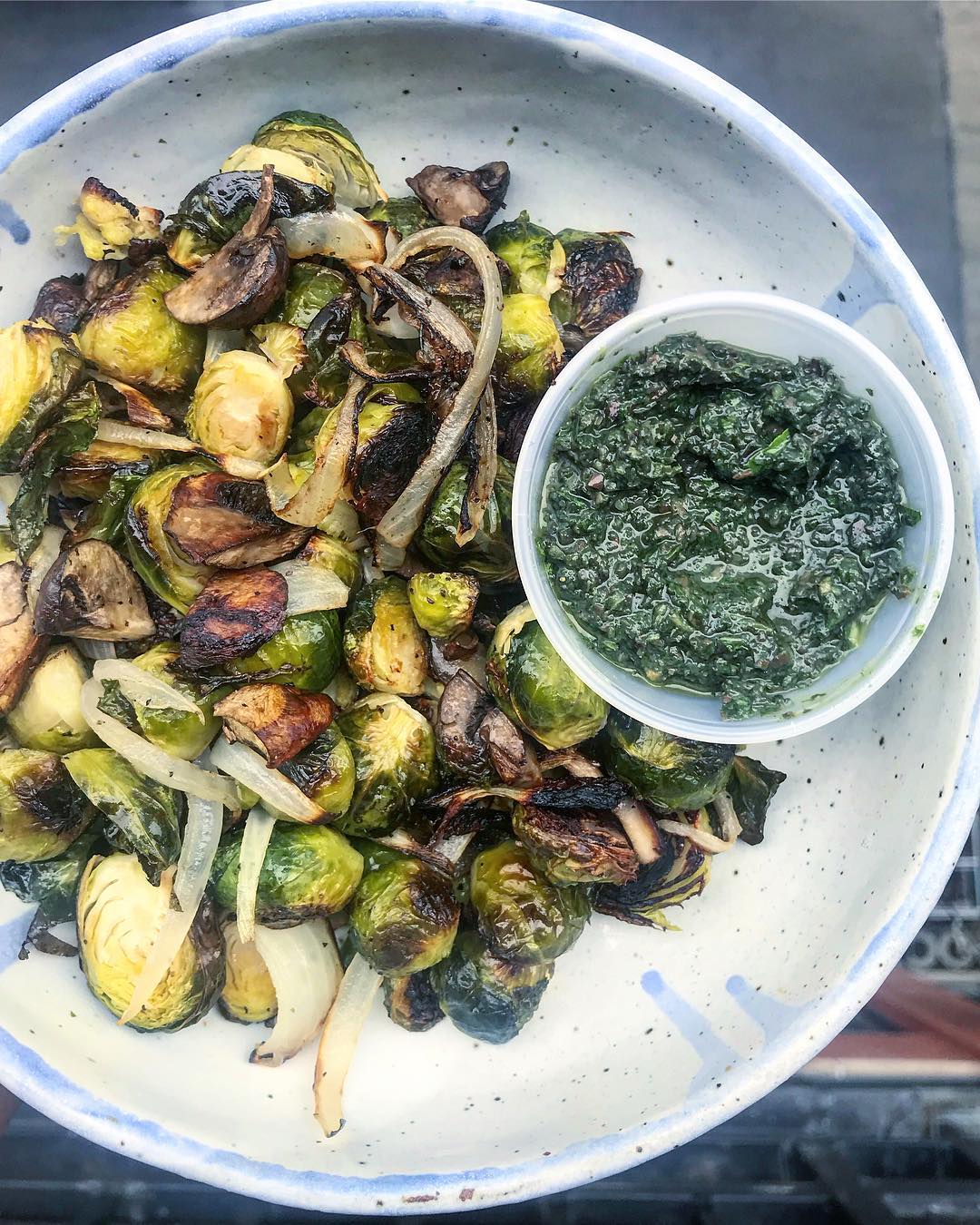 Crispy Roasted Brussels with Nut-Free Olive and Basil Spirulina Pesto