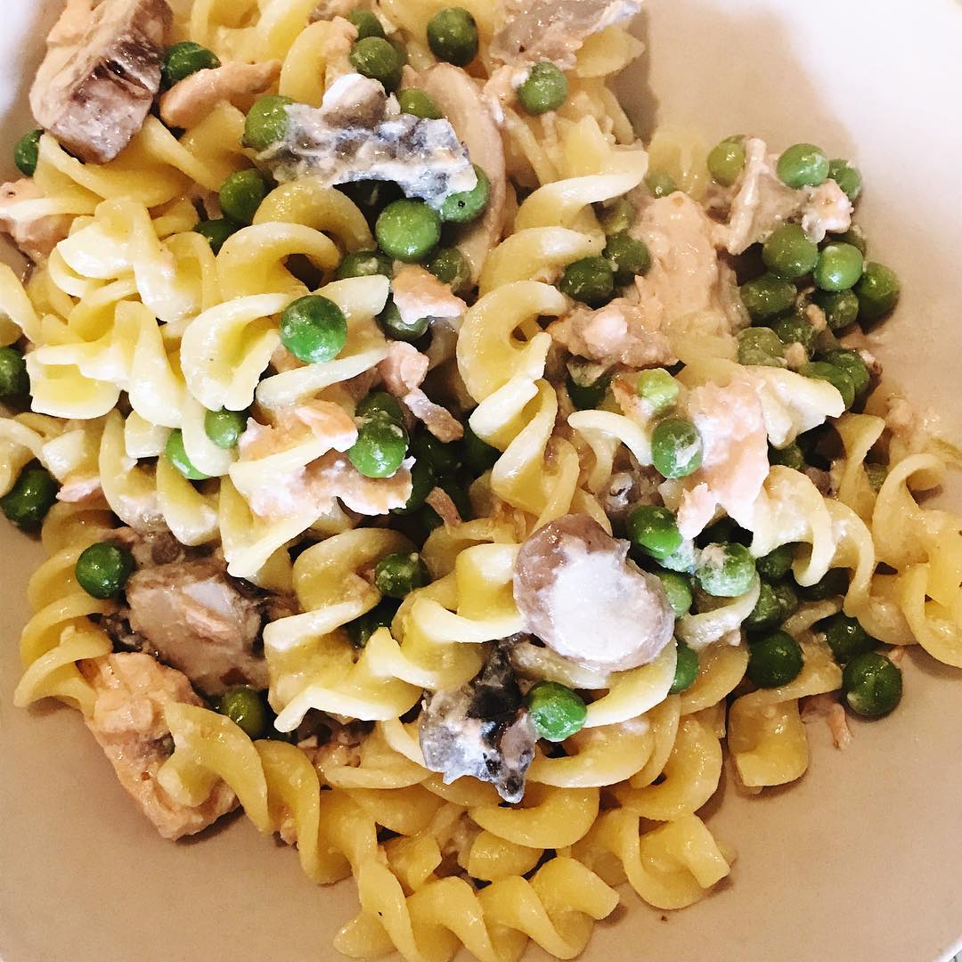 Creamy Salmon Pasta with Yoghurt and Peas