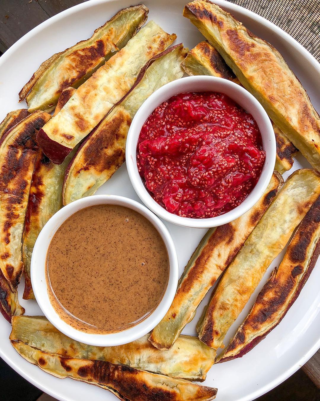 Raspberry Chia Jam with Baked Sweet Potato Fries
