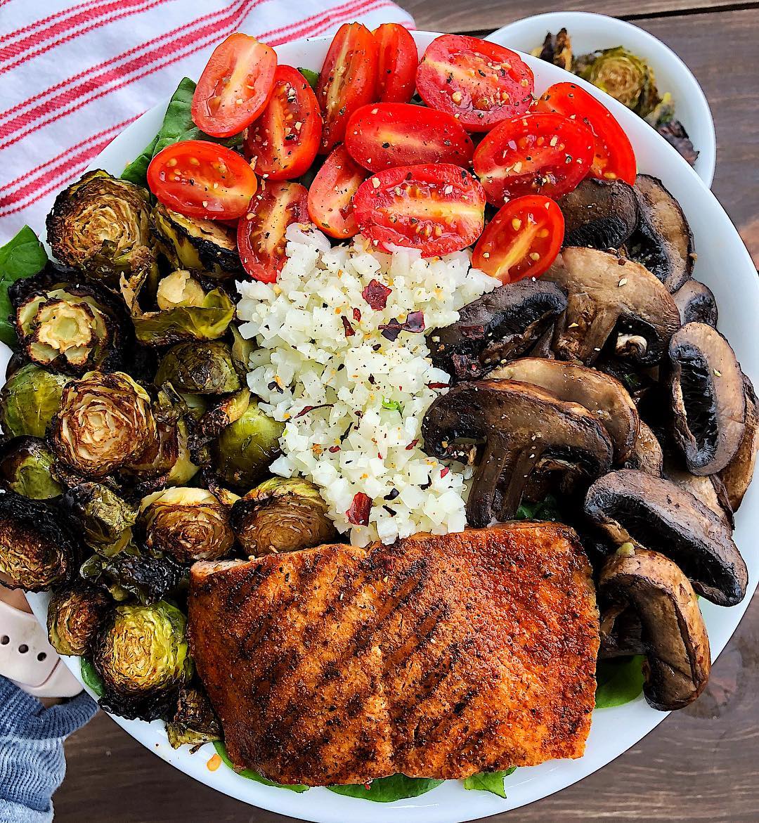 Crispy Grilled Salmon with Balsamic Roasted Brussels