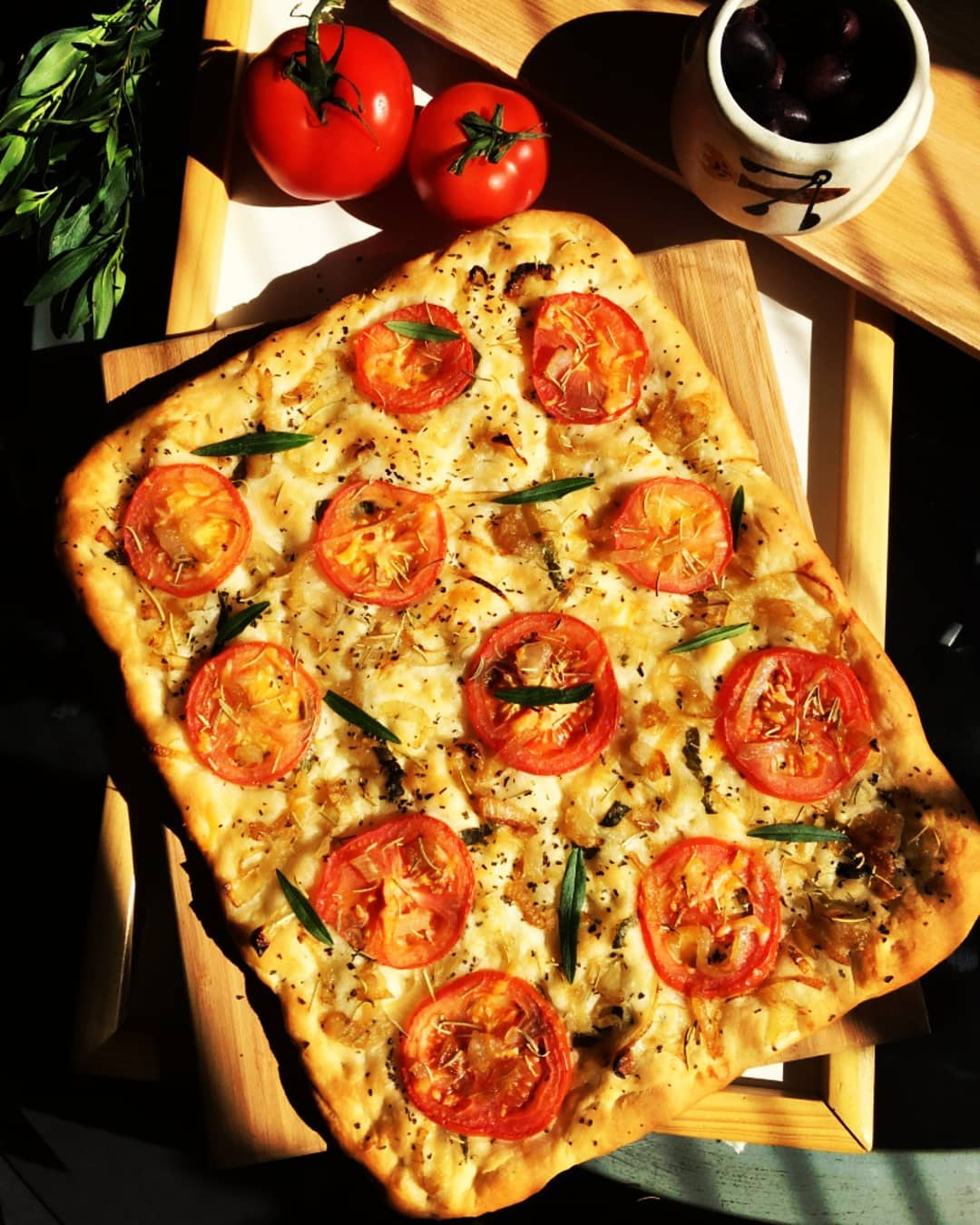 Focaccia with Caramelized Onions, Tomato and Rosemary