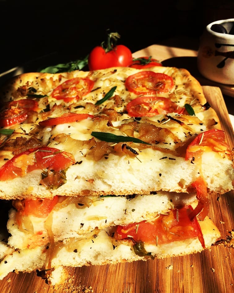 Focaccia with Caramelized Onions, Tomato and Rosemary
