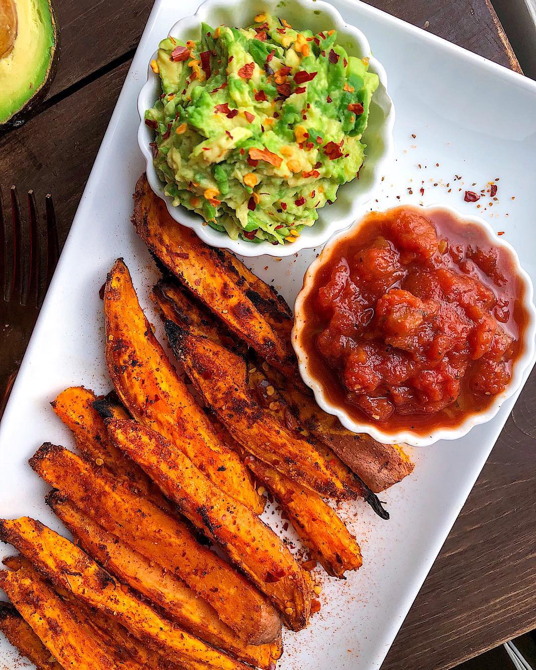 Spicy Sweet Potato Fries with Mashed Avocado