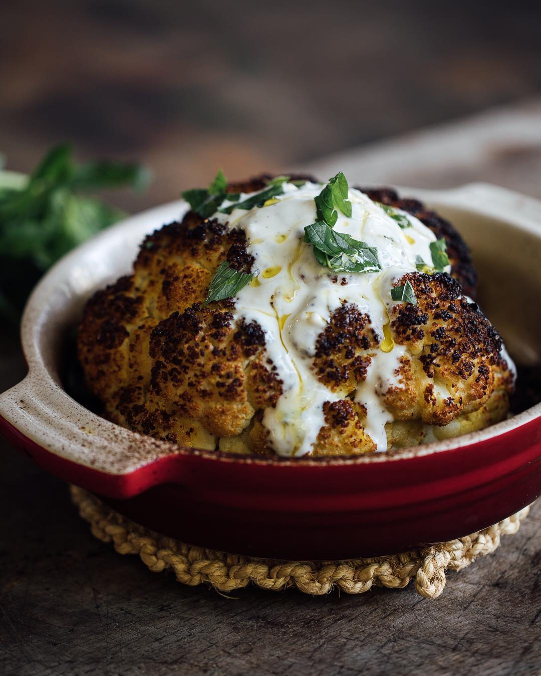 Whole Roasted Cauliflower with Hummus Honey Mint