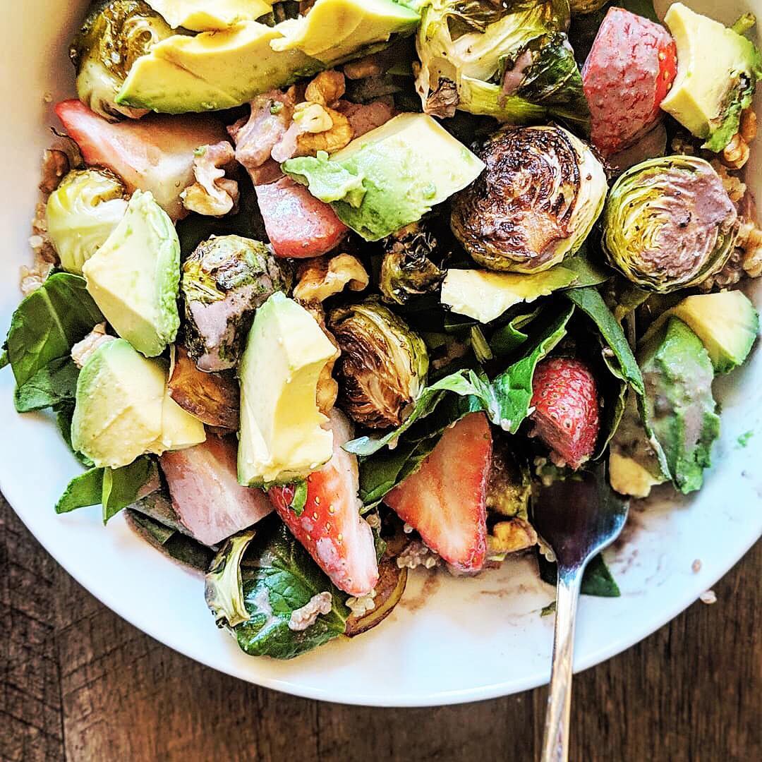 Spinach Strawberry Salad with Roasted Brussels Sprouts