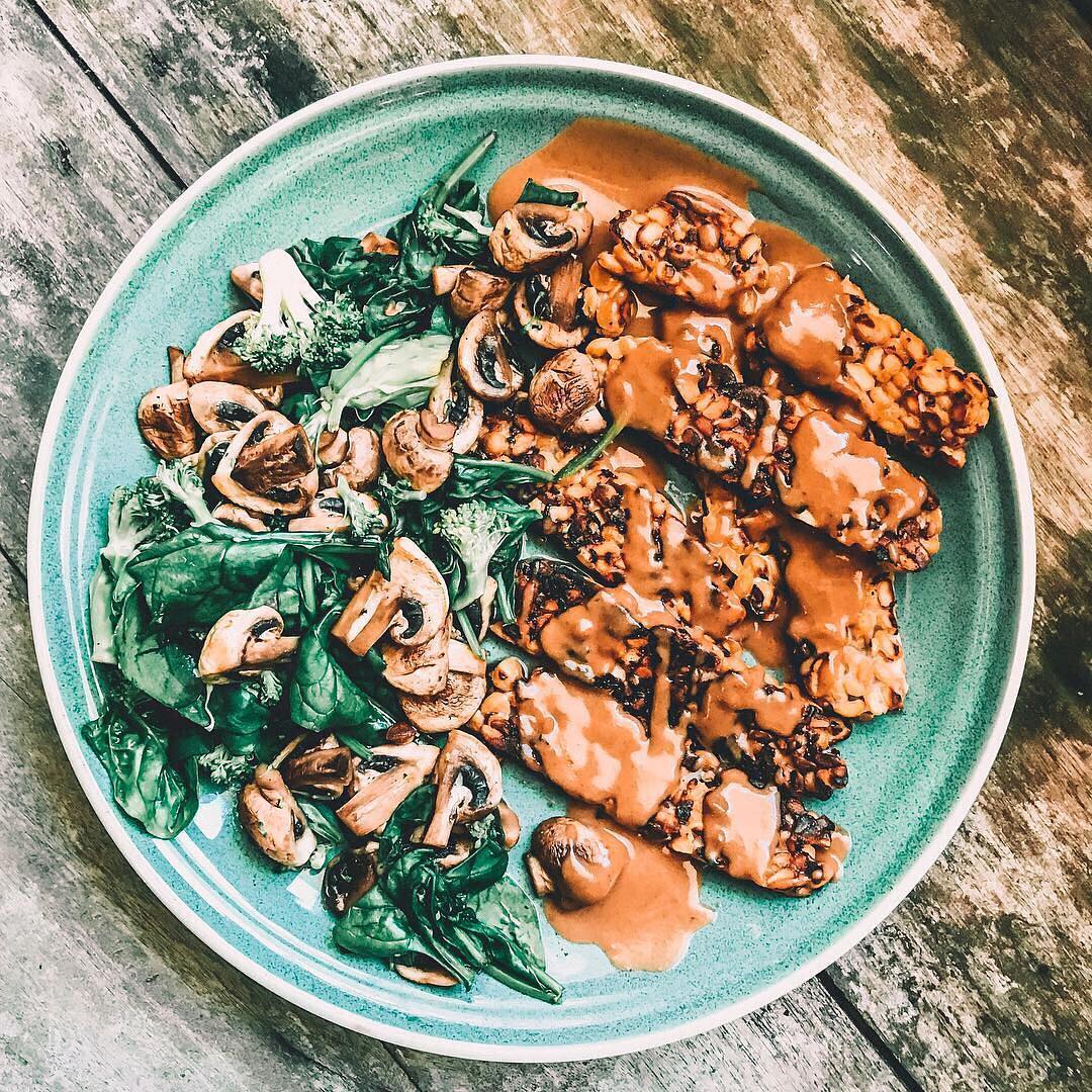 Baked Chickpea Tempeh with Peanut Sauce and Vegetables