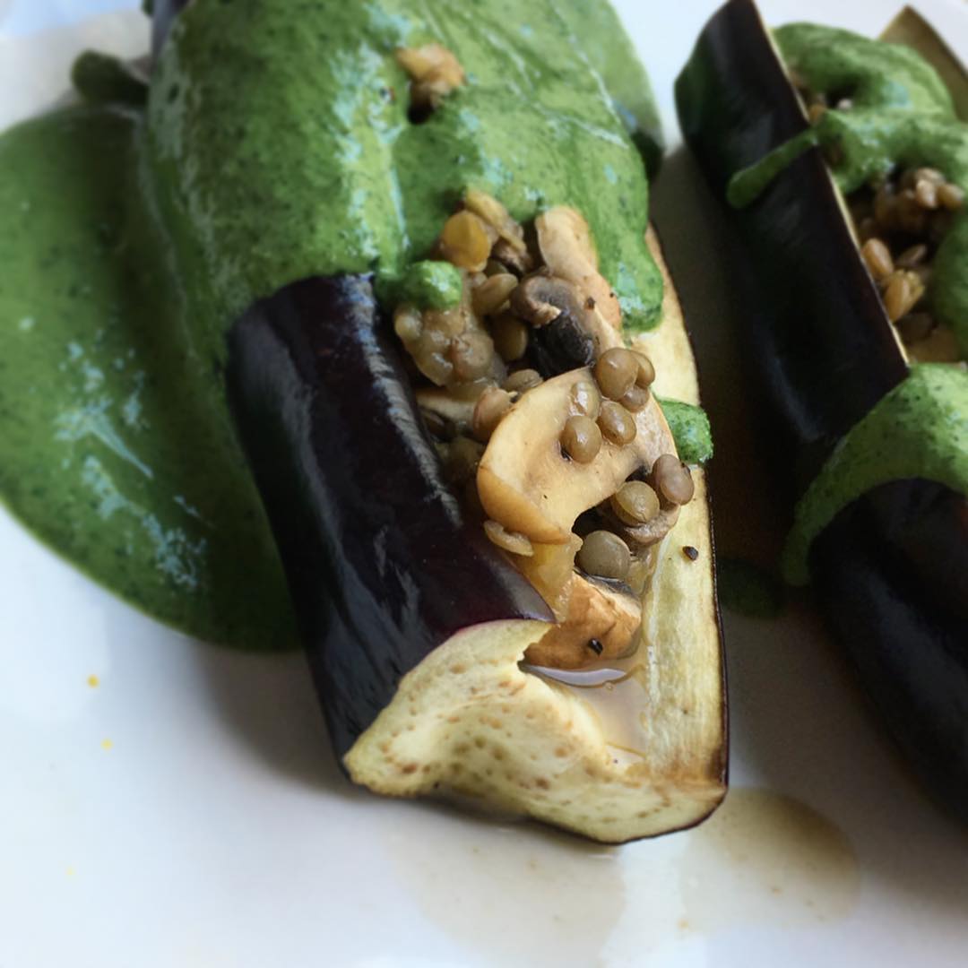 Stuffed Eggplant with Lentils and Tofu Sauce