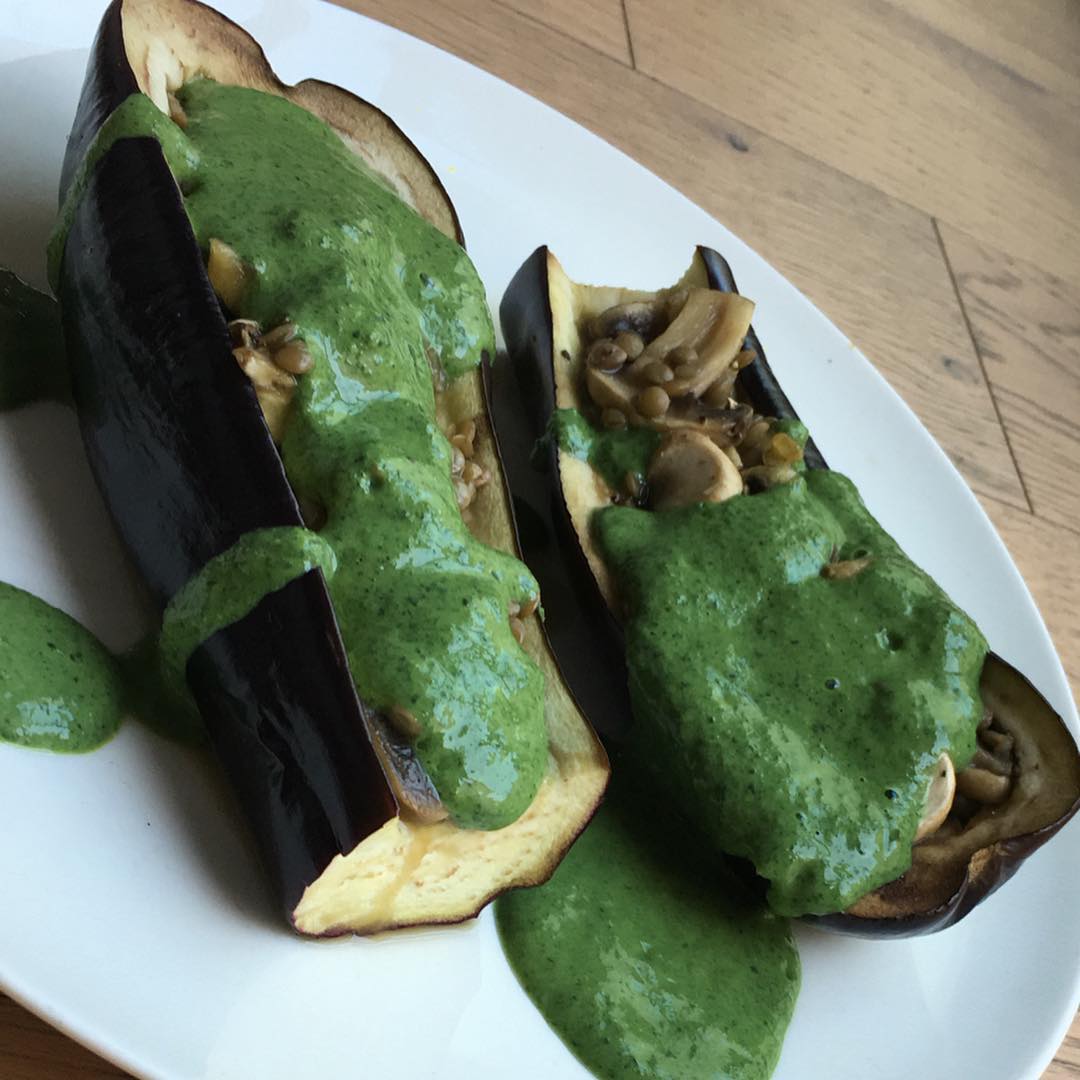 Stuffed Eggplant with Lentils and Tofu Sauce