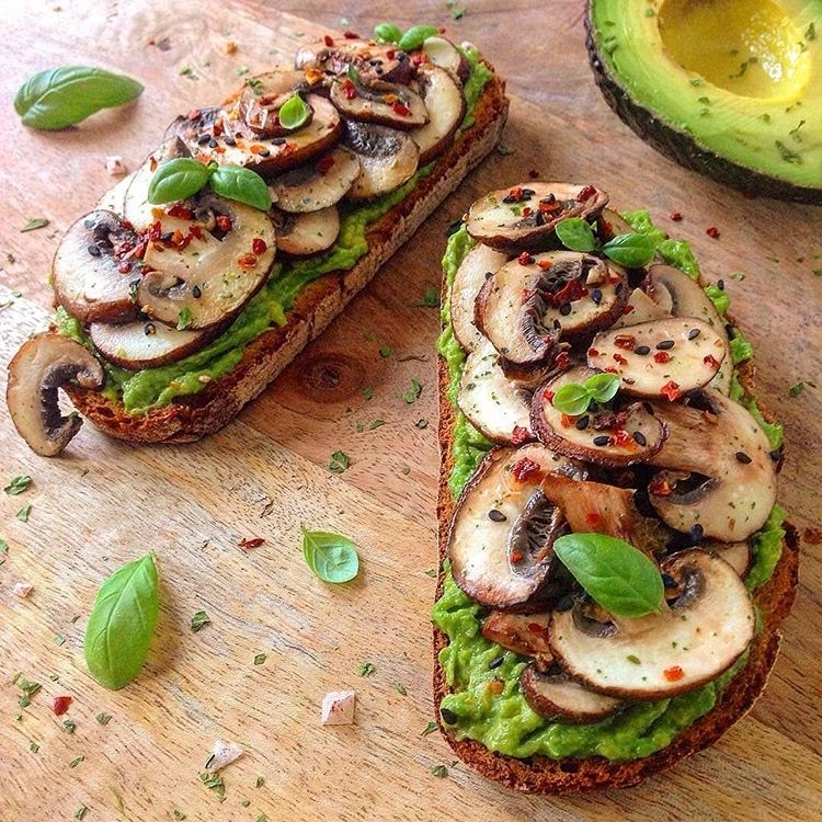 Roasted Bread Topped with Avocado and Mushrooms