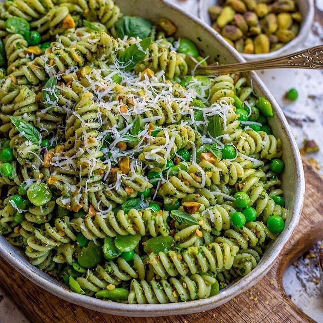 Pea and Broad Bean Pasta with Pistachio Pesto
