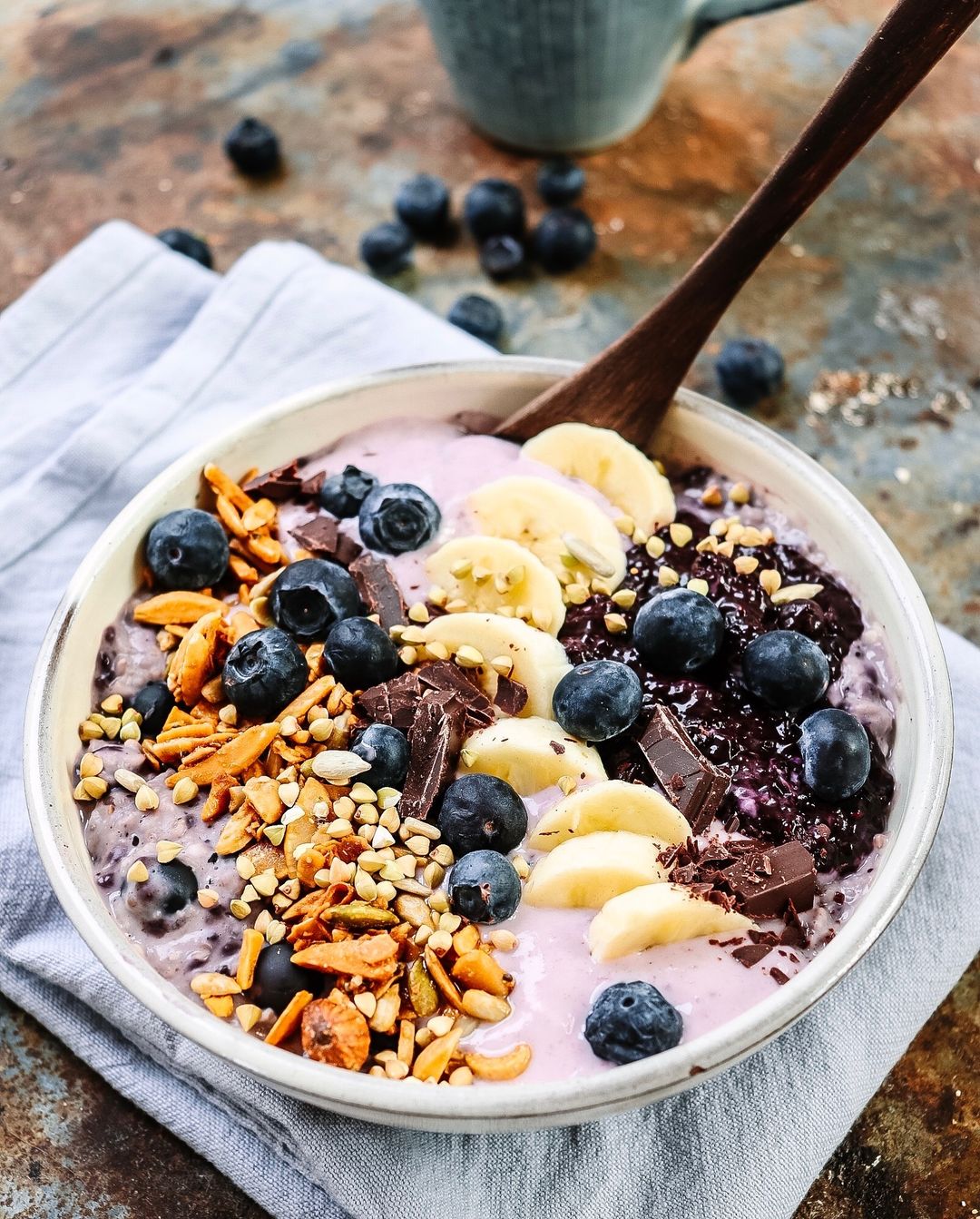 Blueberry Overnight Porridge with Almond Yoghurt