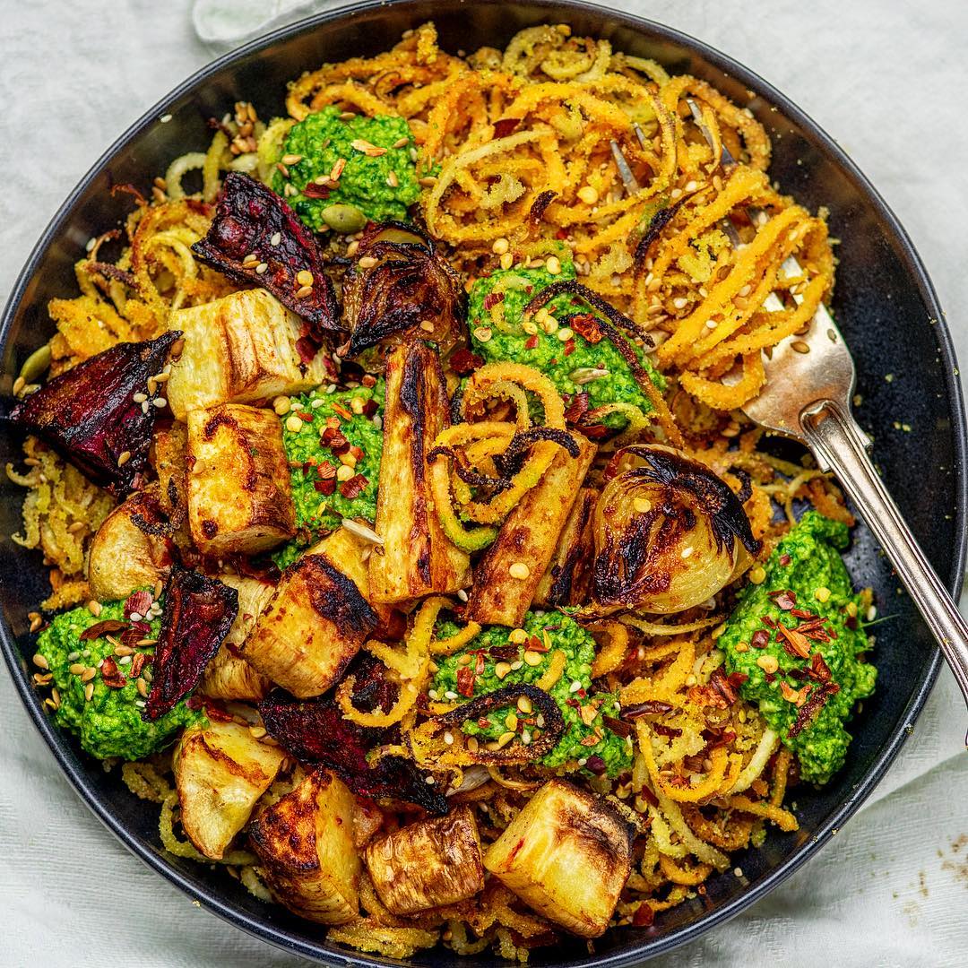 Sweet Potato and Parsnip Spaghetti with Spinach Ricotta