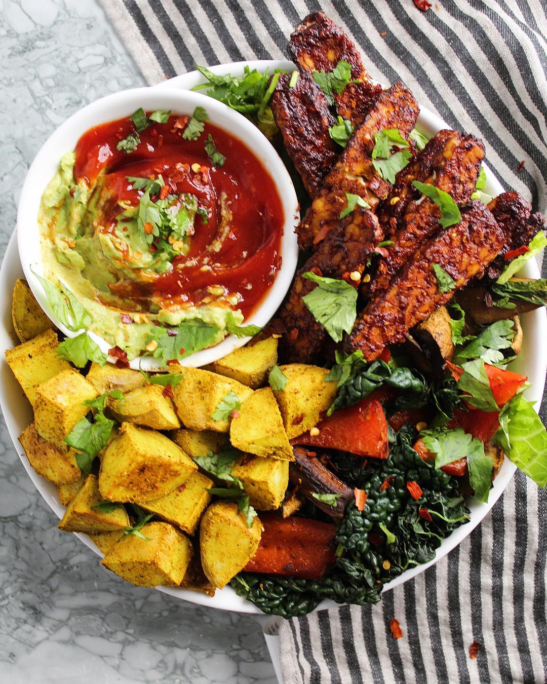 Roasted Curry Potatoes with Sautéed Veggies and Tempeh