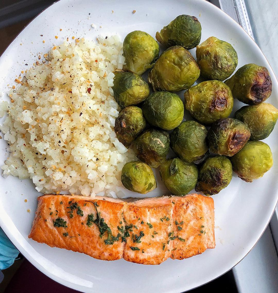 Lemon Garlic Salmon with Cauliflower Rice and Roasted Brussels Sprouts