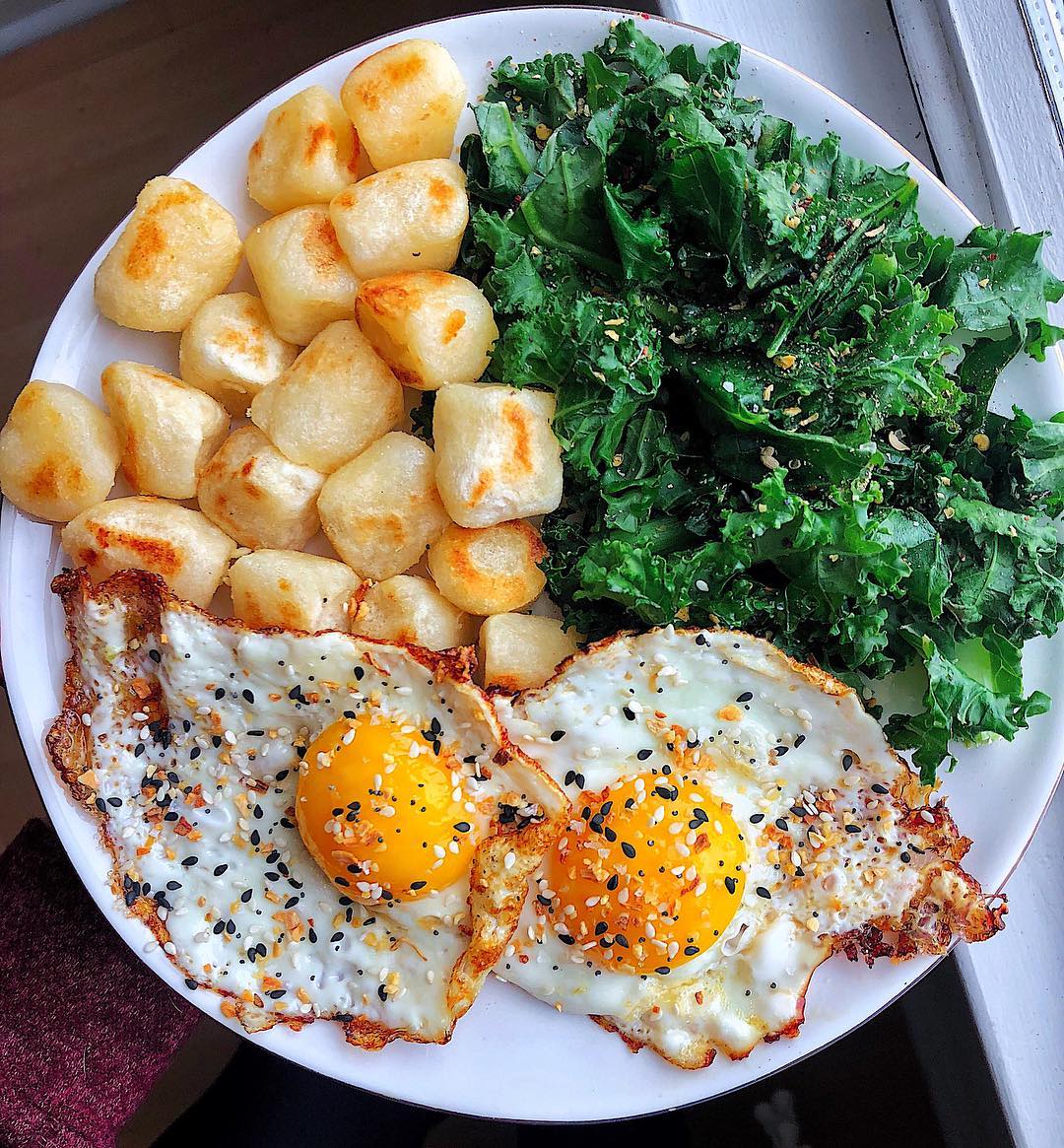 Fried Eggs with Sautéed Kale and Cauliflower Gnocchi