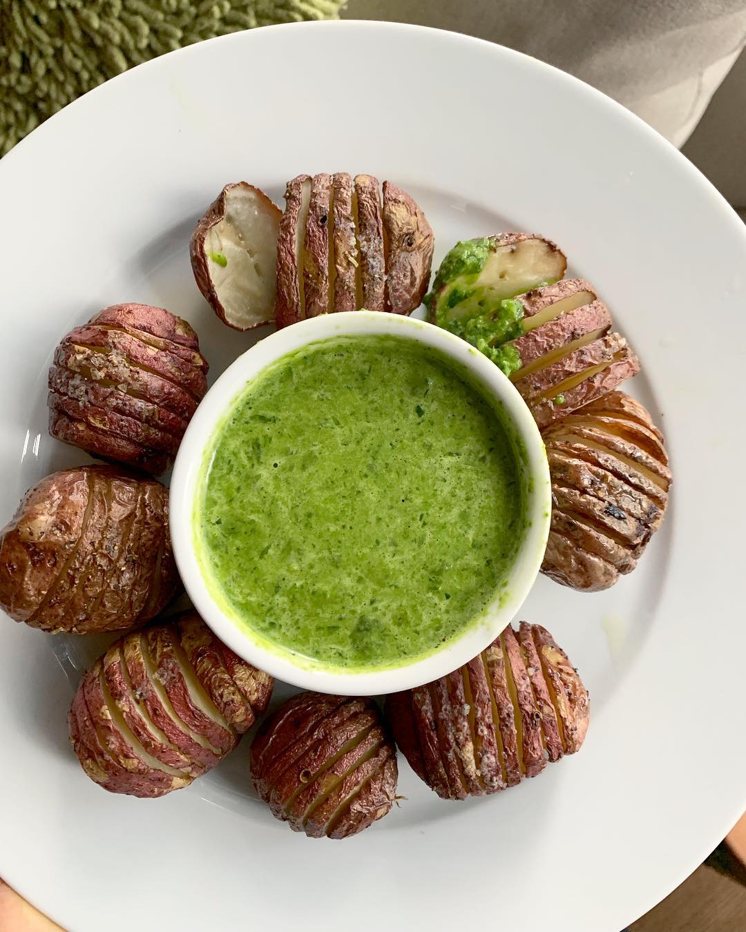 Hasselback Baby Potatoes with Roasted Garlic Cilantro Pesto