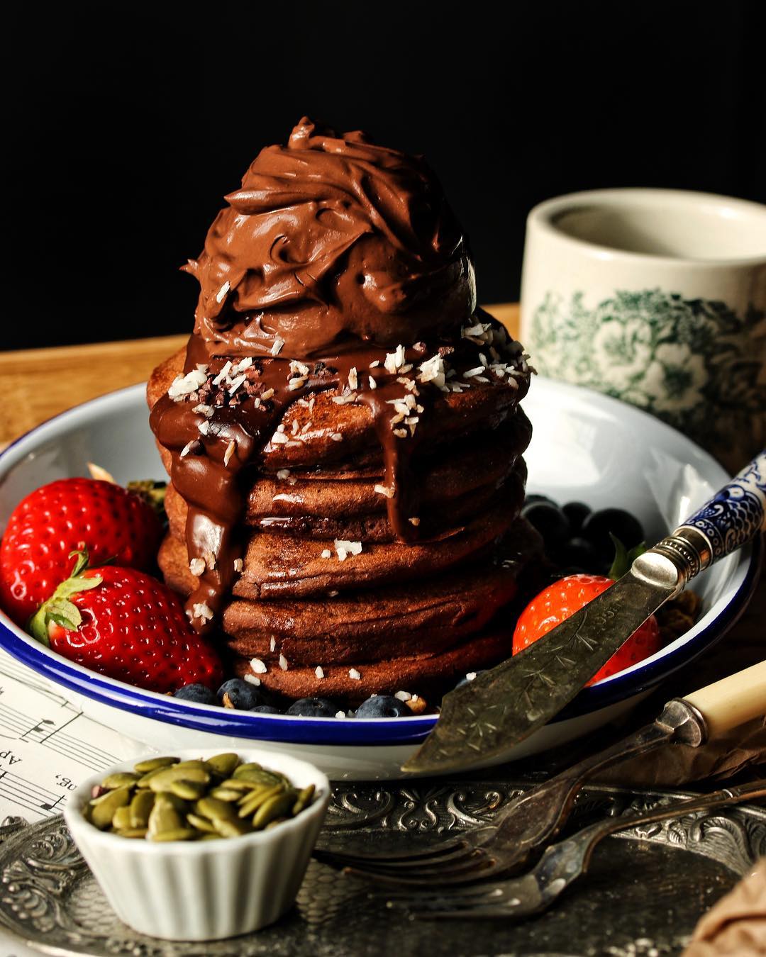 Vegan Mudcake Pancakes with Chocolate Ganache