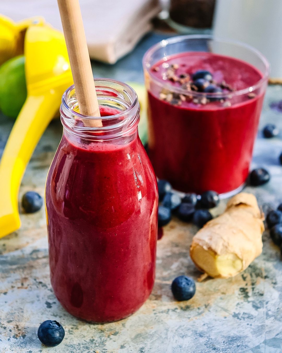 Amazingly Vibrant Beetroot Ginger and Blueberry Smoothies